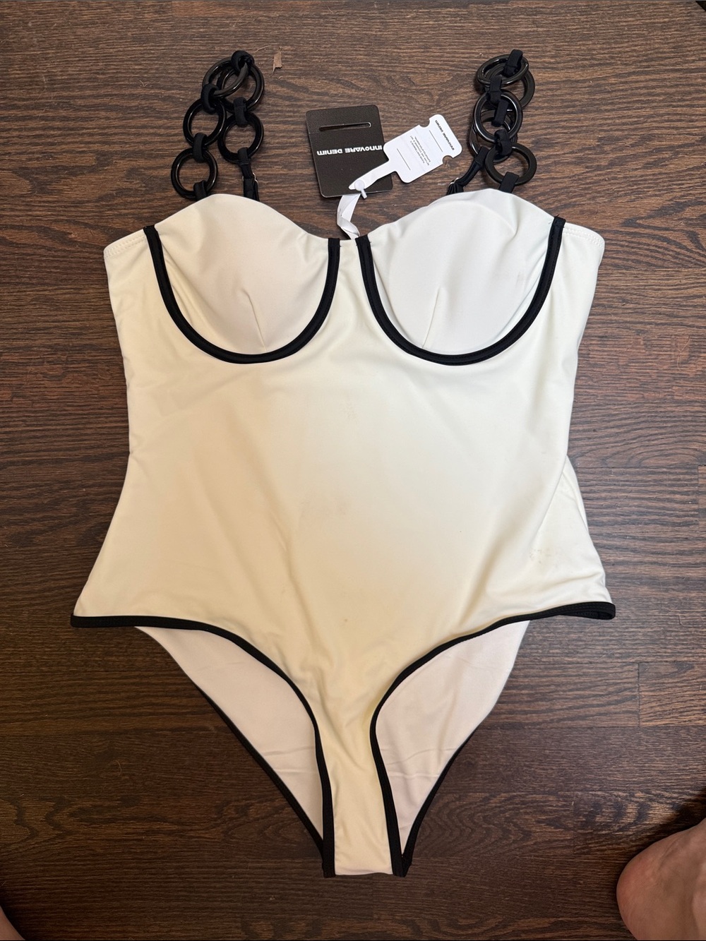 Underwire One-Piece Swimsuit with Contrast Trim - Cream/Black